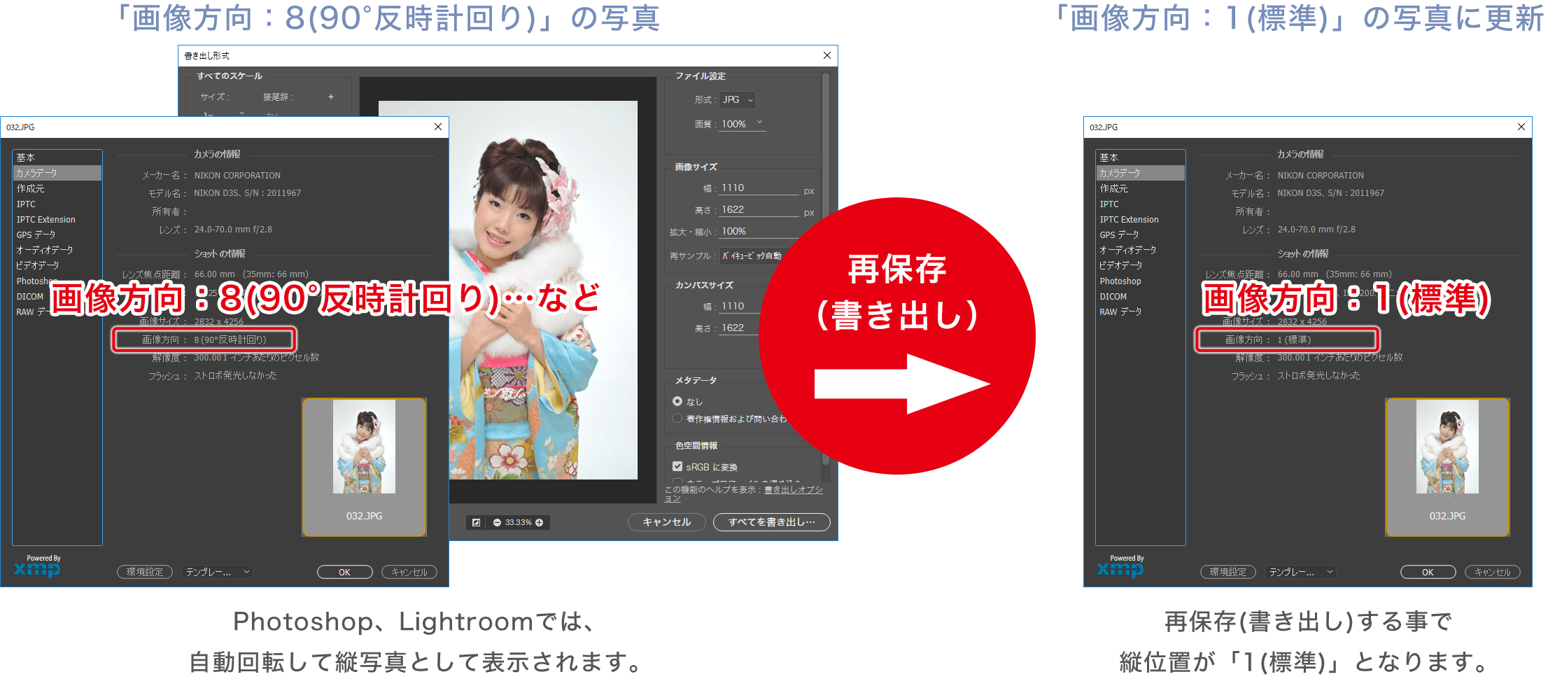再保存（書き出し）して画像方向を縦向きに直す