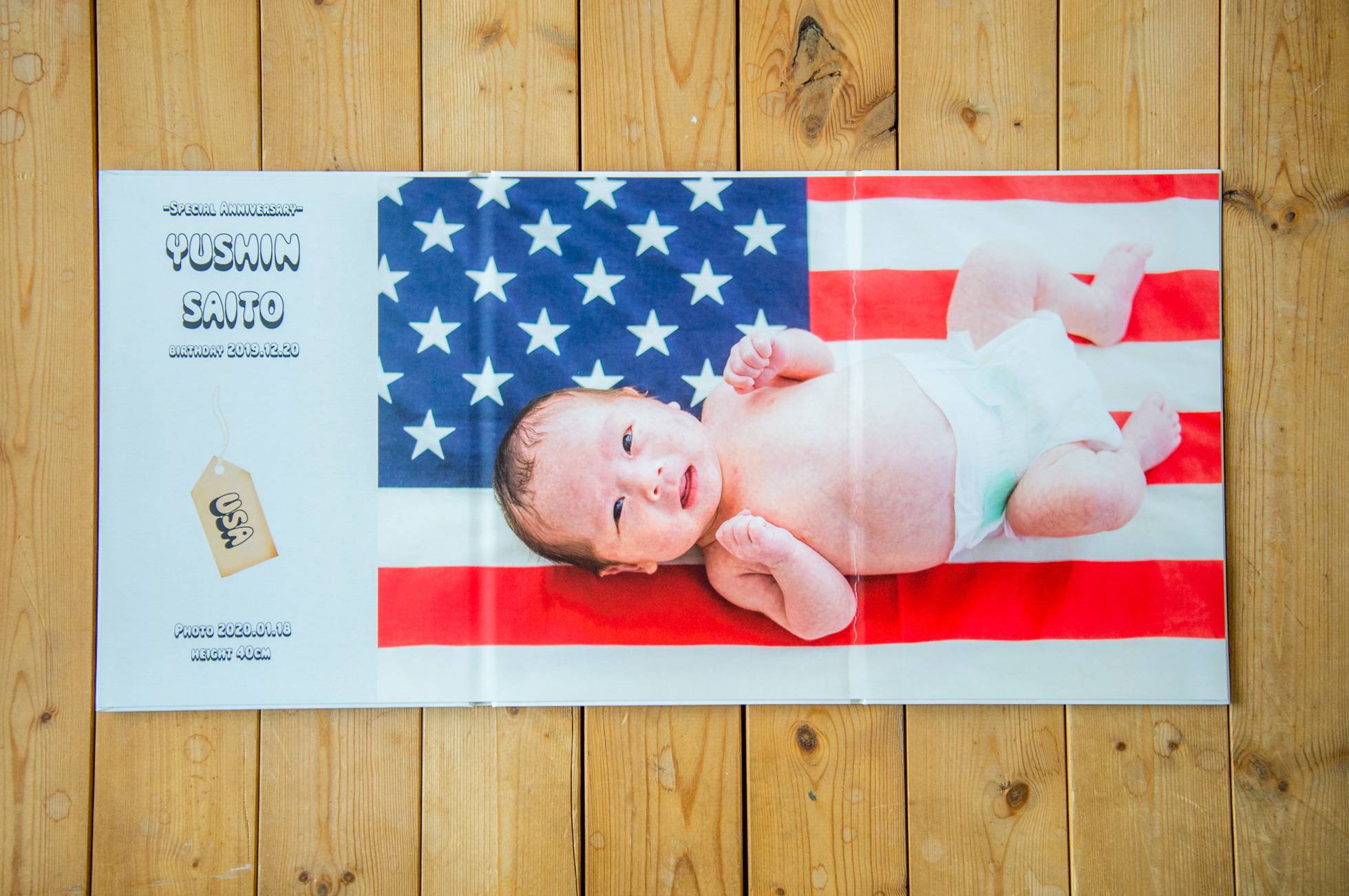 アメリカが好きなパパ・ママのアイデアで、アメリカ国旗を入れて撮影。